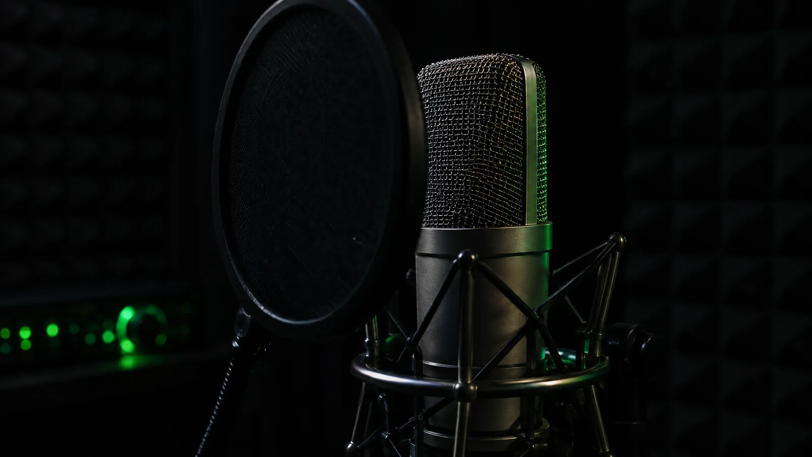 A condenser microphone with a pop filter in a dark voiceover booth, and the green light of an audio interface