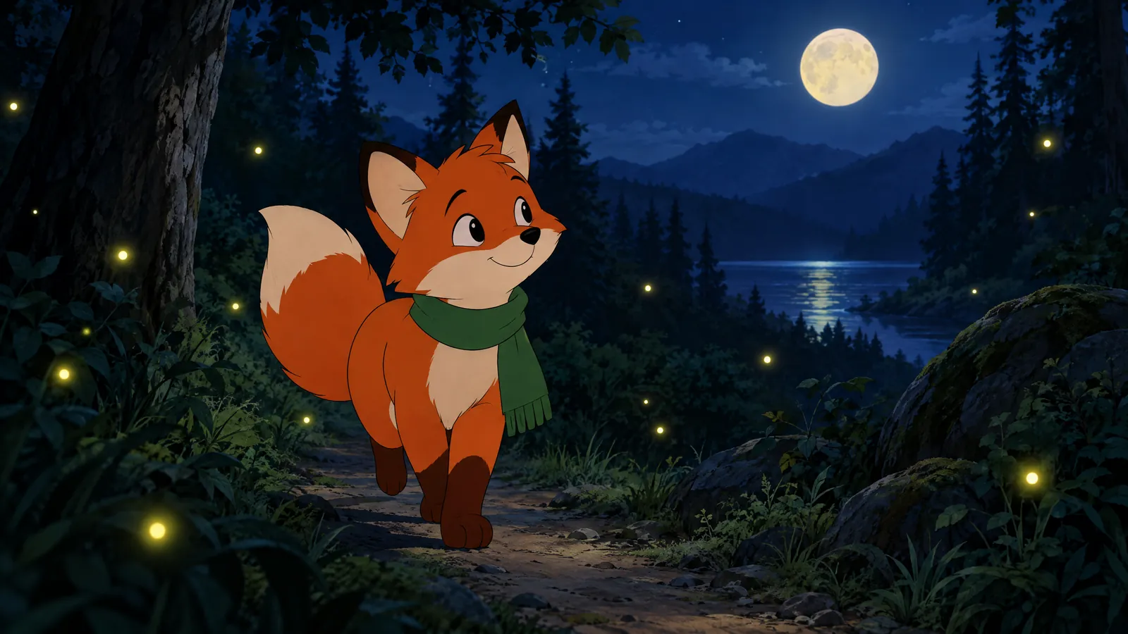 An orange cartoon fox in a green scarf walking along a forest path among fireflies in the moonlight