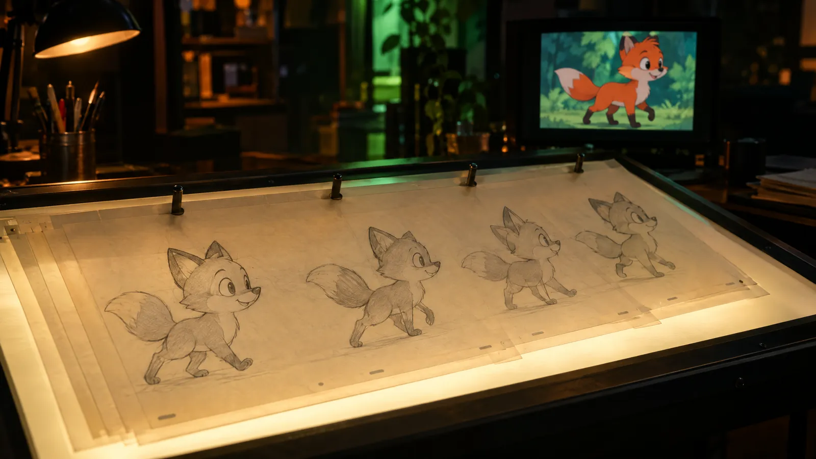 Successive pencil poses of a walking fox on a lit animation desk, with the same fox in color on a screen behind