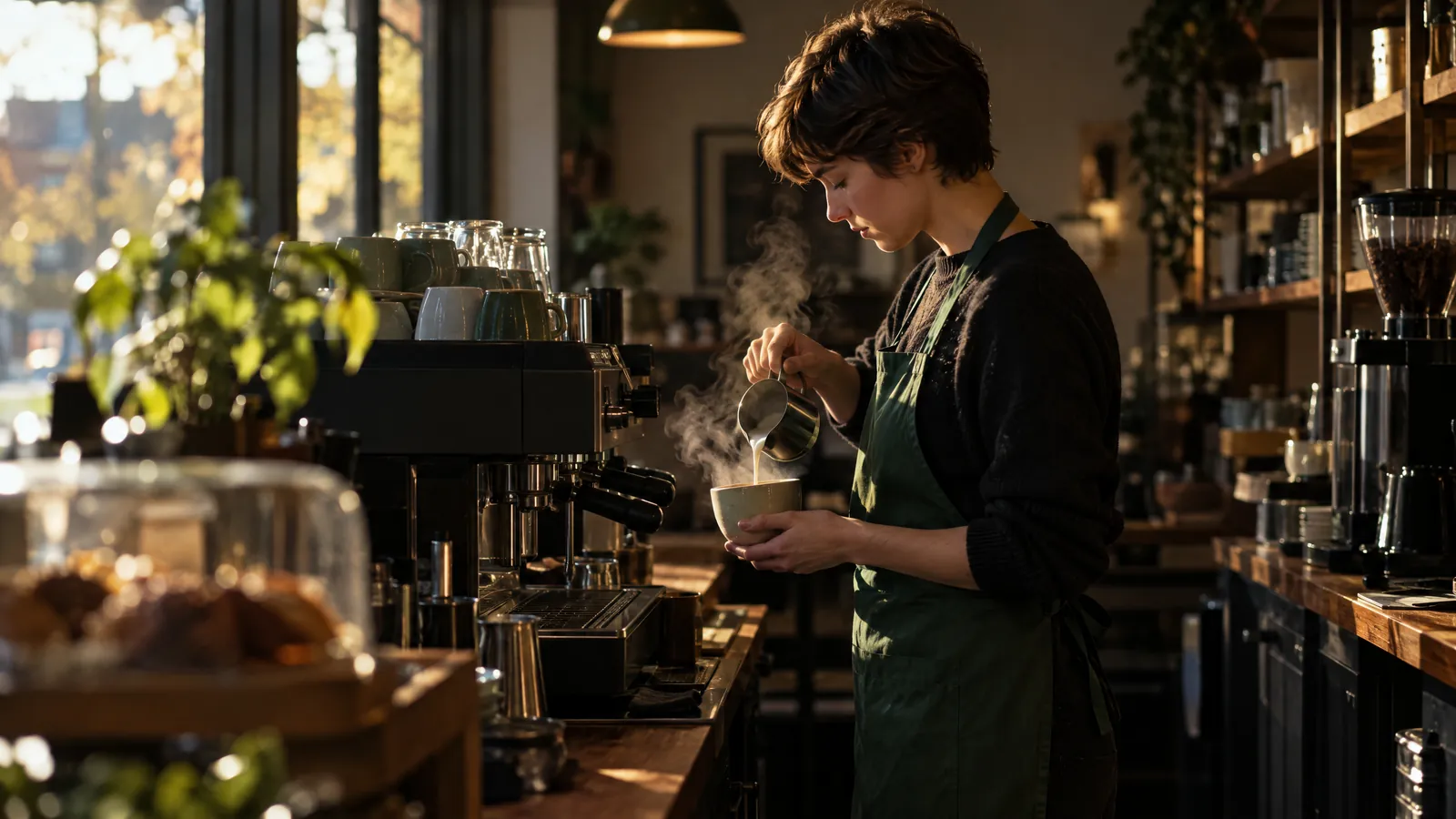 Barista mit grüner Schürze gießt in einem kleinen Café im Morgenlicht Milch in eine Tasse