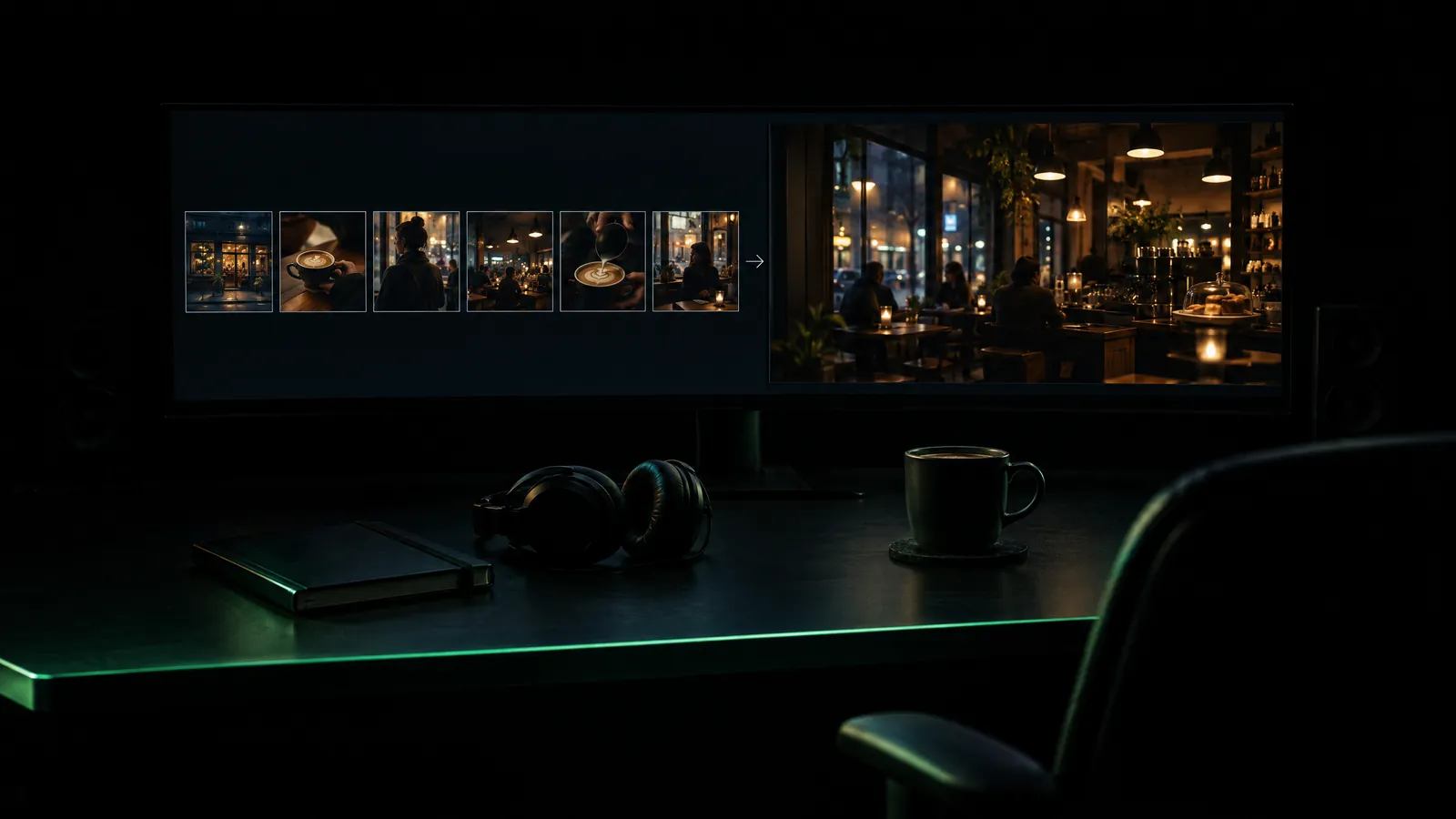 Dunkler Schneideraum bei Nacht, auf dem Monitor werden sechs Storyboard-Bilder zu einer Szene in einem Café