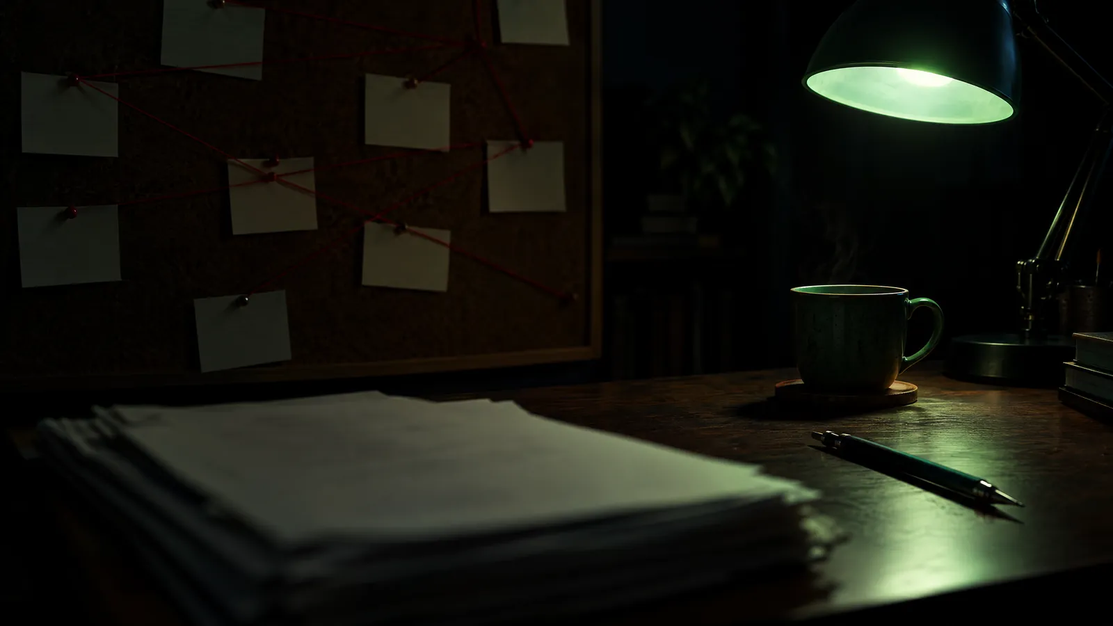 Screenplay pages under a desk lamp at night, a pencil, a glass of tea and a corkboard of index cards linked with string behind them