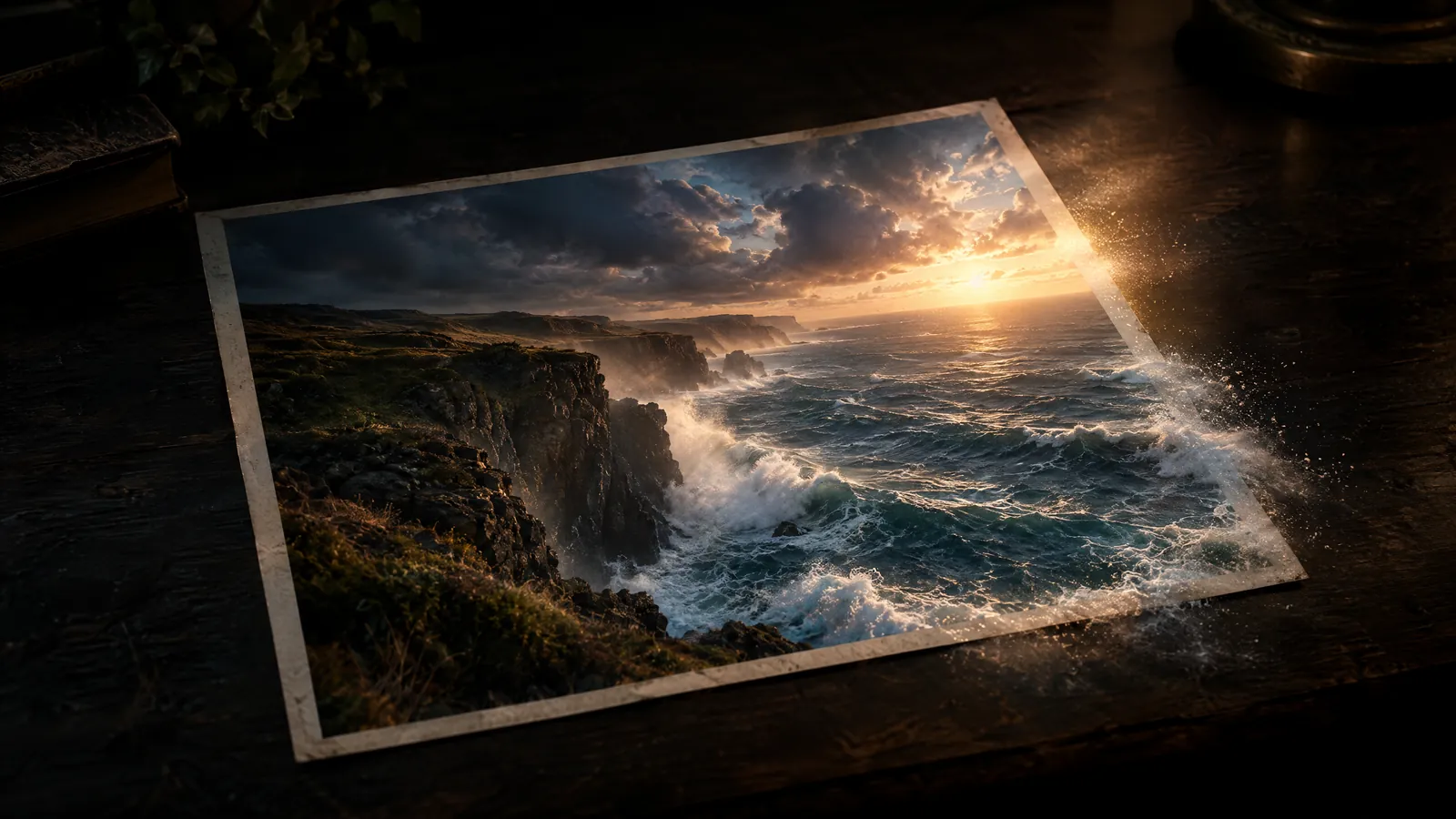Ein altes Strandfoto auf einem Tisch; Wellen und Licht treten über den Bildrand hinaus und geraten in Bewegung
