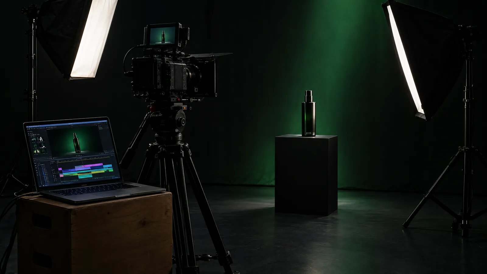 A cinema camera on a tripod in a dark studio, two softbox lights, a product bottle on a plinth and a laptop showing an editing timeline