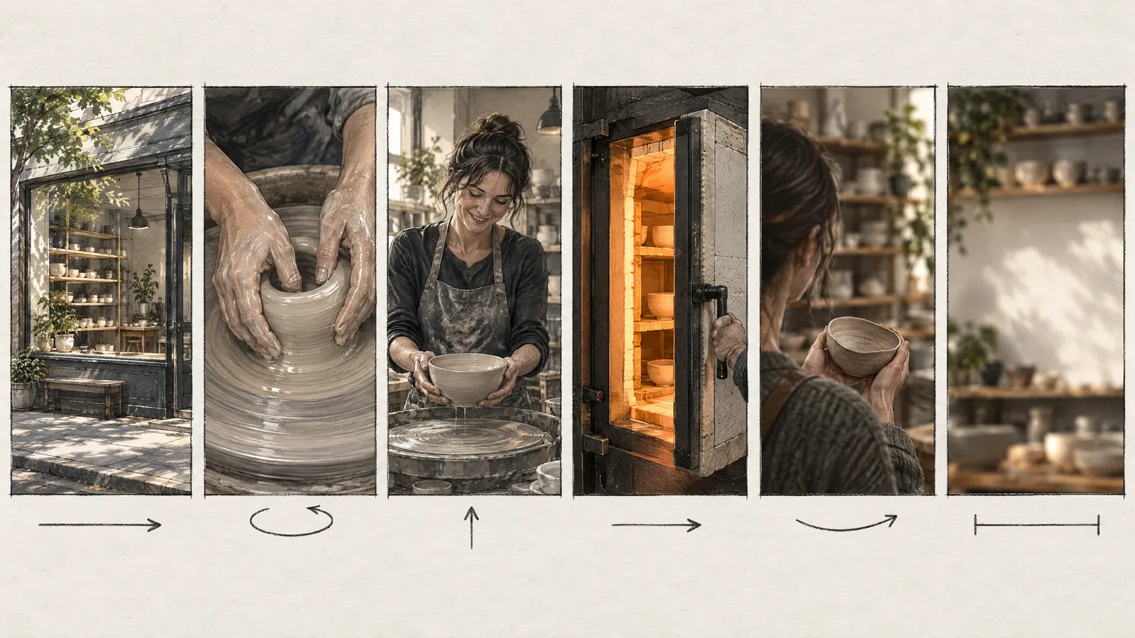 Sei riquadri verticali per uno spot di un laboratorio di ceramica: vetrina, argilla sul tornio, maestro con ciotola, forno aperto, partecipante, scaffale vuoto