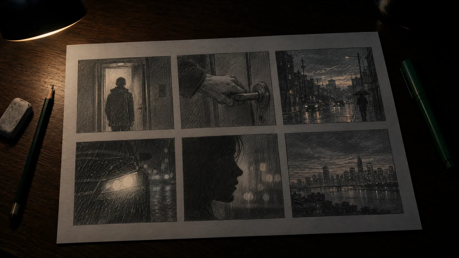 Su un tavolo di legno, una tavola di storyboard in sei riquadri disegnata a carboncino, accanto una matita e una gomma