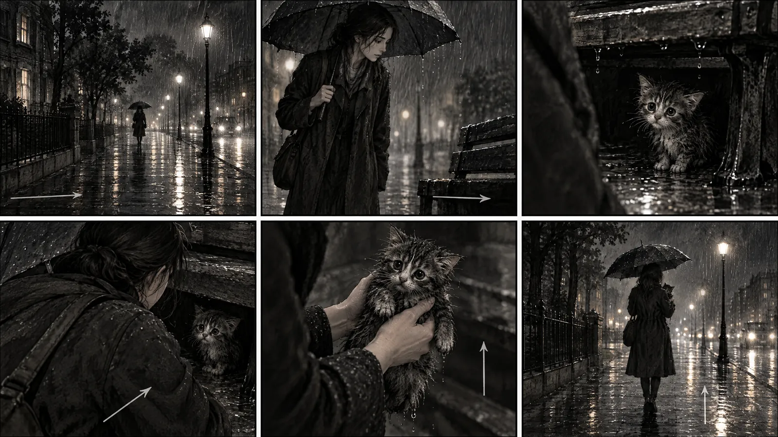 Striscia di storyboard in sei riquadri: in una strada piovosa una donna con ombrello trova un gattino sotto una panchina, frecce di camera