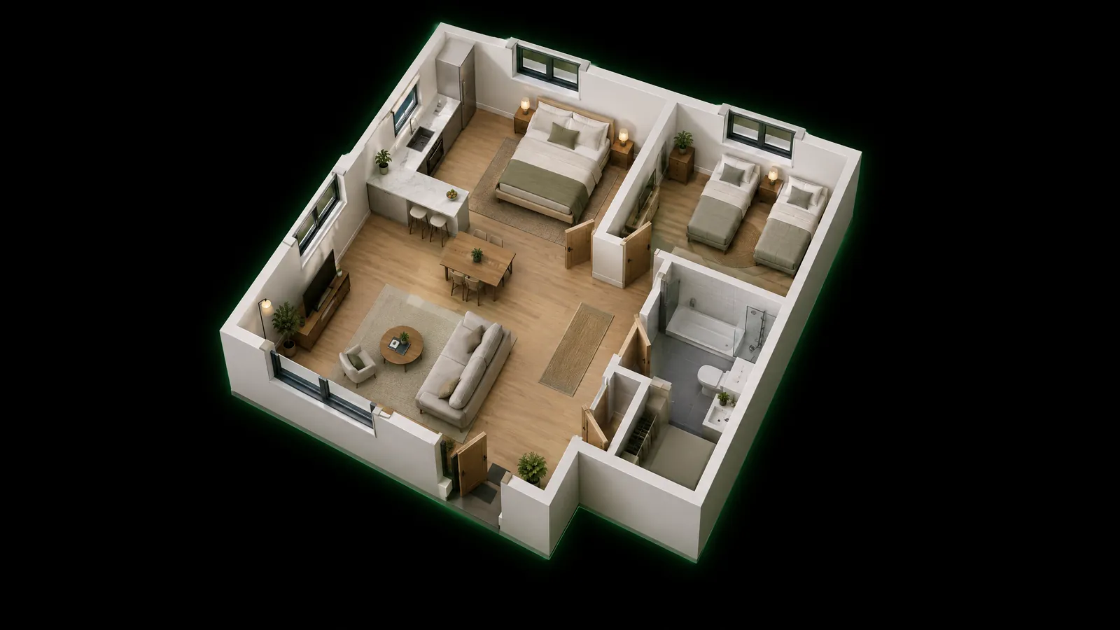 Modello 3D isometrico di un appartamento arredato con due camere da letto, sezionato all'altezza dei muri
