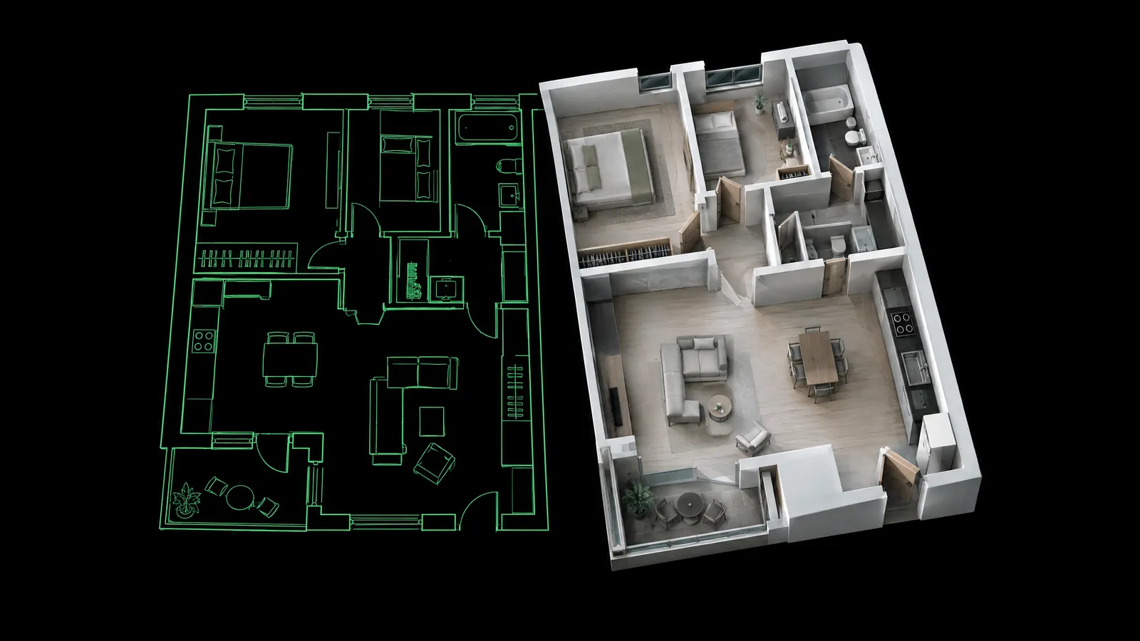 Pianta di un appartamento disegnata con linee CAD verdi su schermo nero e accanto il modello tridimensionale della stessa pianta che si innalza