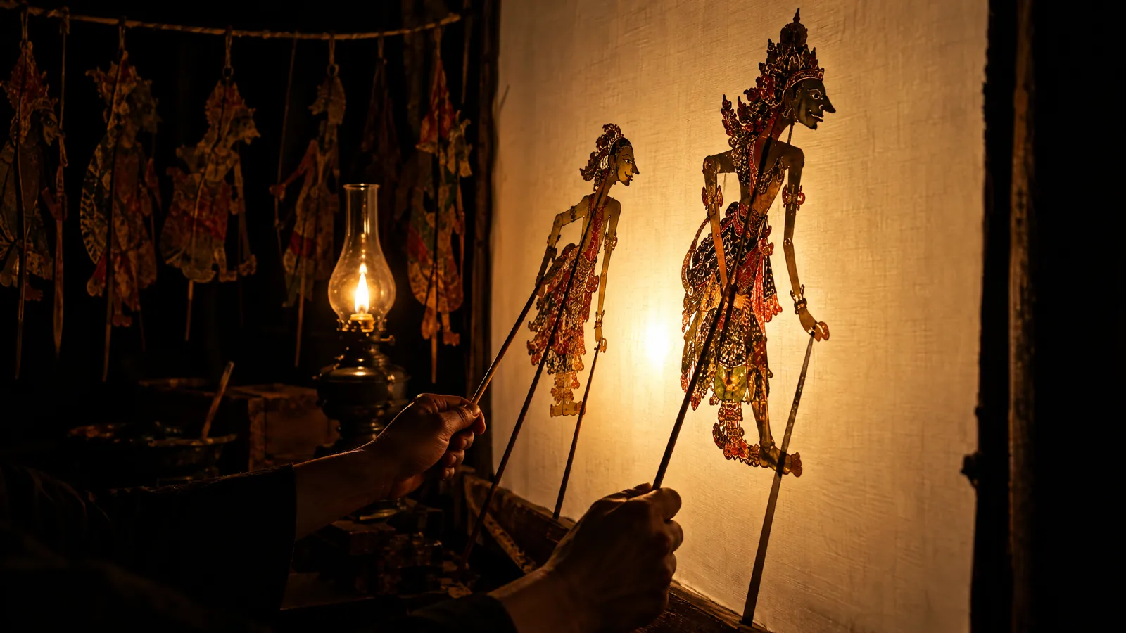 Behind the screen by oil lamp light, hands holding painted leather figures on rods, with more figures hanging from a cord
