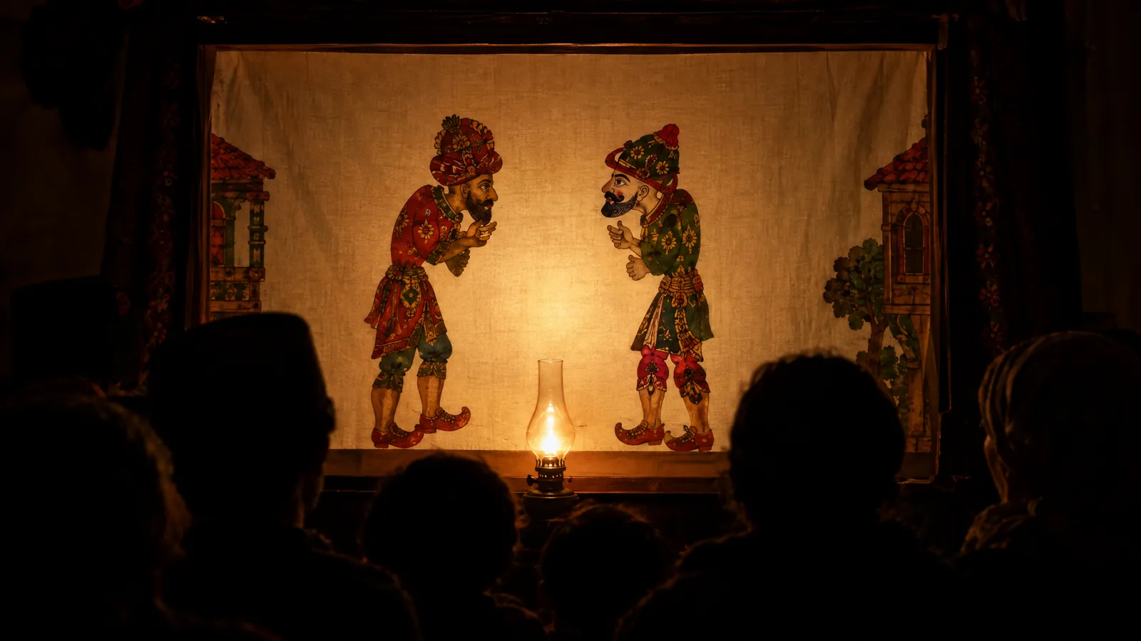Colorful leather shadow puppets on a white screen lit from behind by an oil lamp, with audience silhouettes in front
