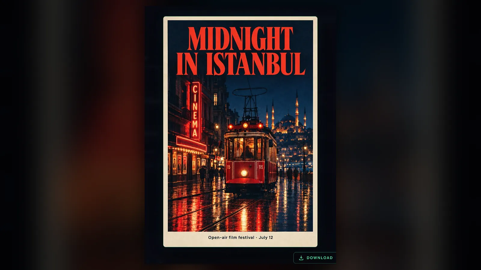 A night cinema poster showing a lit red tram on a rain-soaked Istanbul street