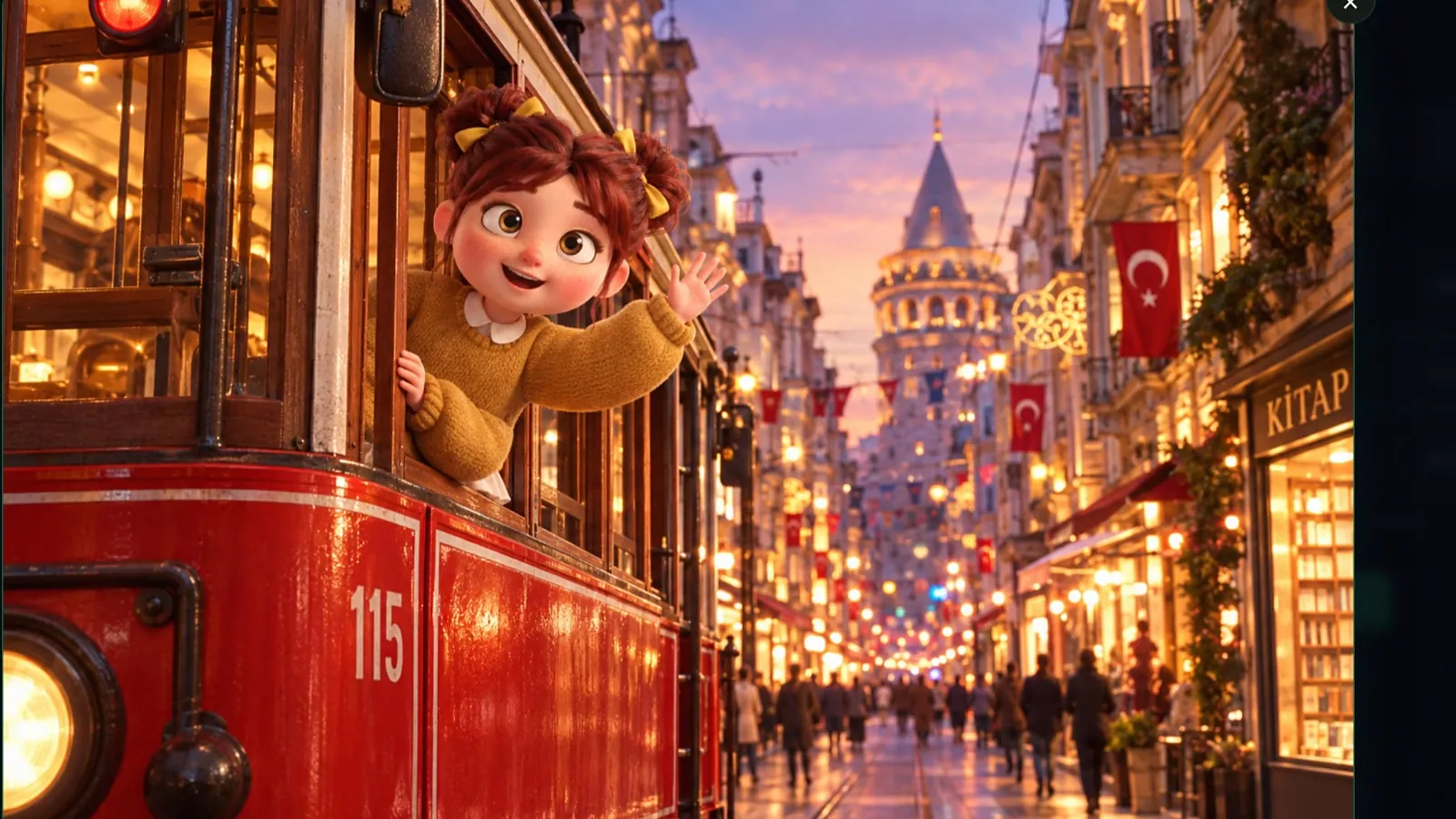 A cheerful cartoon girl leaning out of a red tram window on a lit Istanbul street at dusk