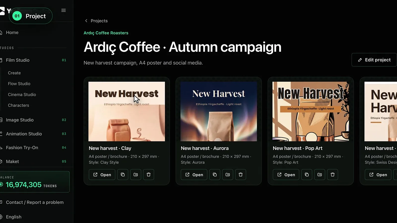 A coffee brand's autumn campaign project with the same poster in clay, aurora, pop art and Swiss styles