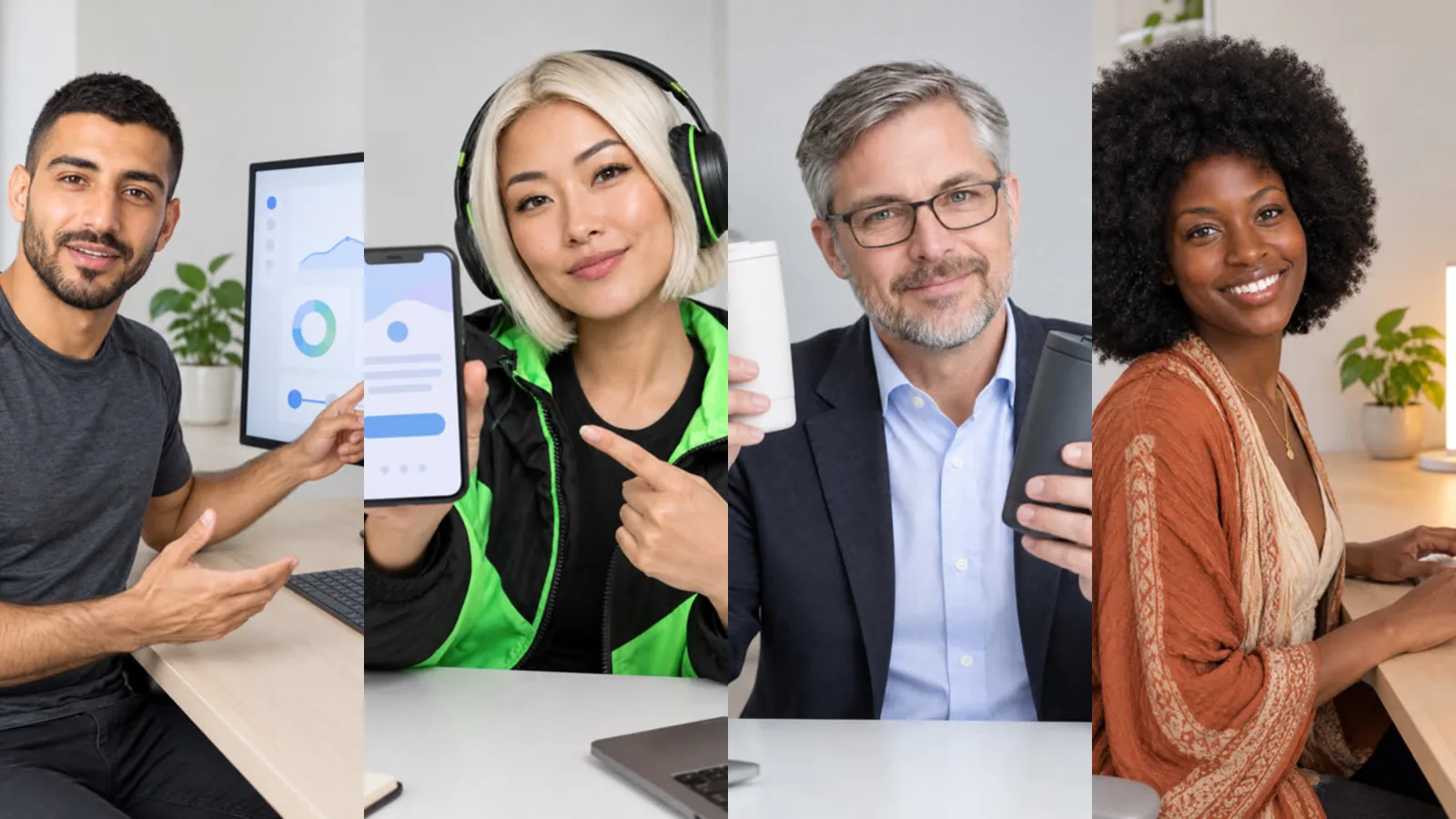 Four tech presenters: a software dashboard, a phone held to camera, two devices compared and a tidy desk setup