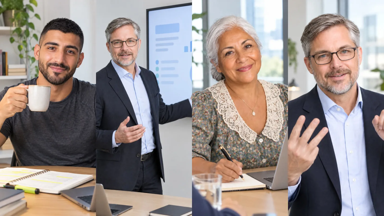 Four presenters at work: studying with notes, presenting a chart, writing in an office and explaining a tip