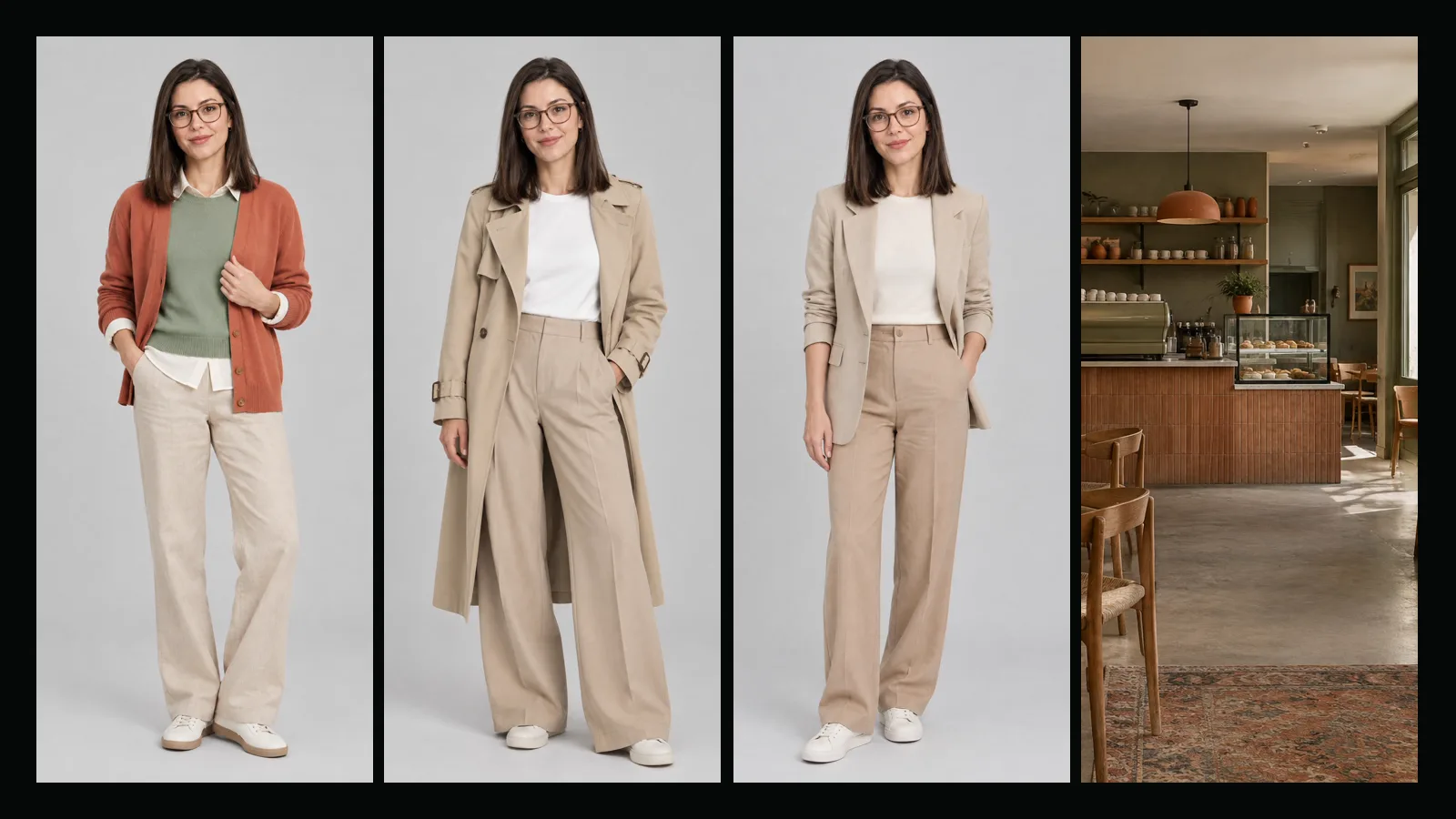 A woman with glasses in two outfits and a beige suit next to a coffee shop by the sea