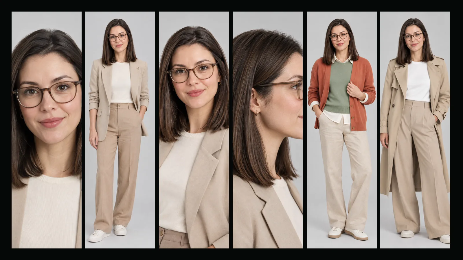 Sechs Ansichten derselben Frau mit schulterlangem dunklem Haar und Brille: Porträt, Ganzkörper, Dreiviertel, Profil und zwei Outfits