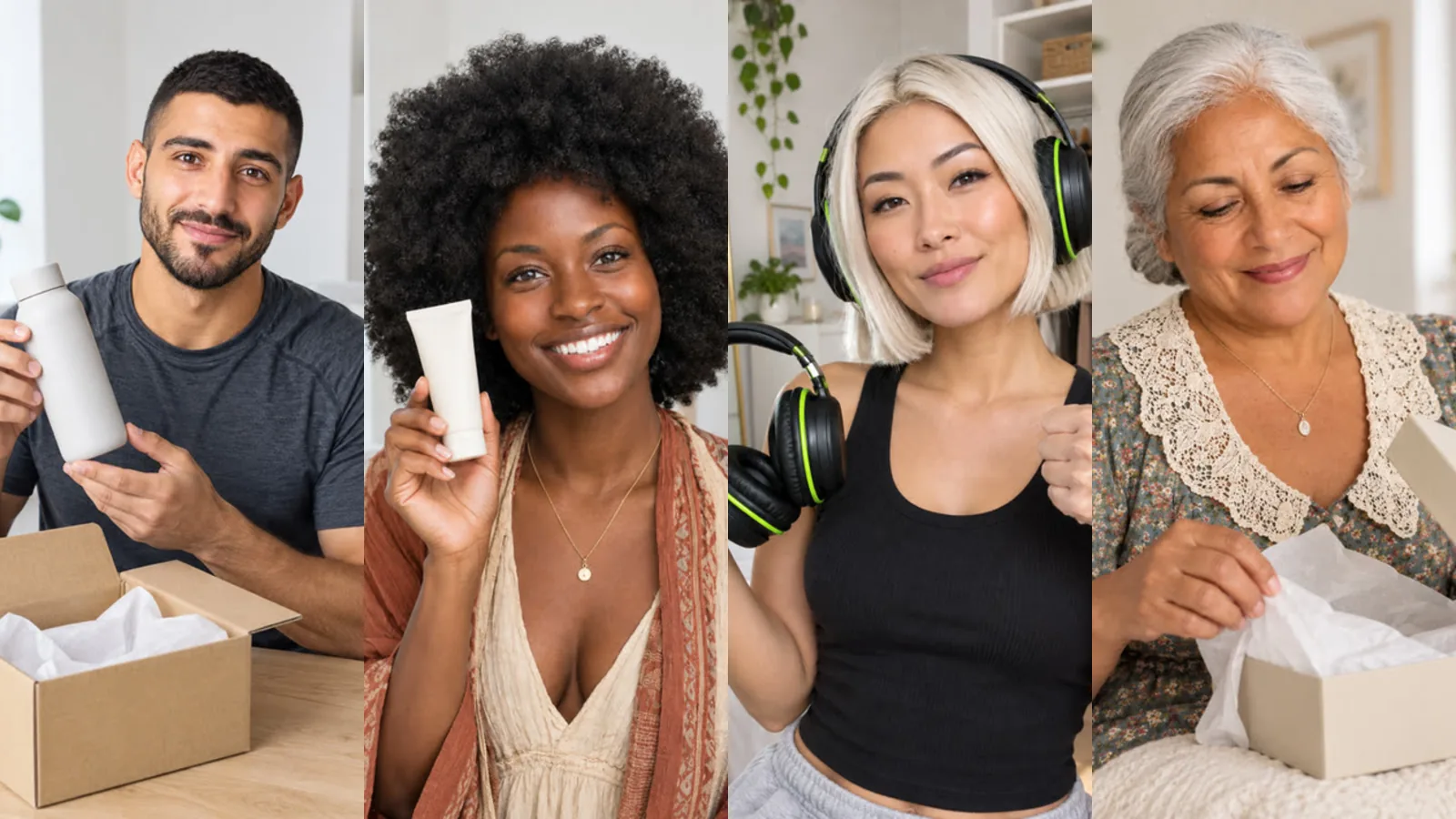 Four product moments: an unboxing at a desk, a tube revealed to camera, a headphone haul and a calm ASMR unboxing