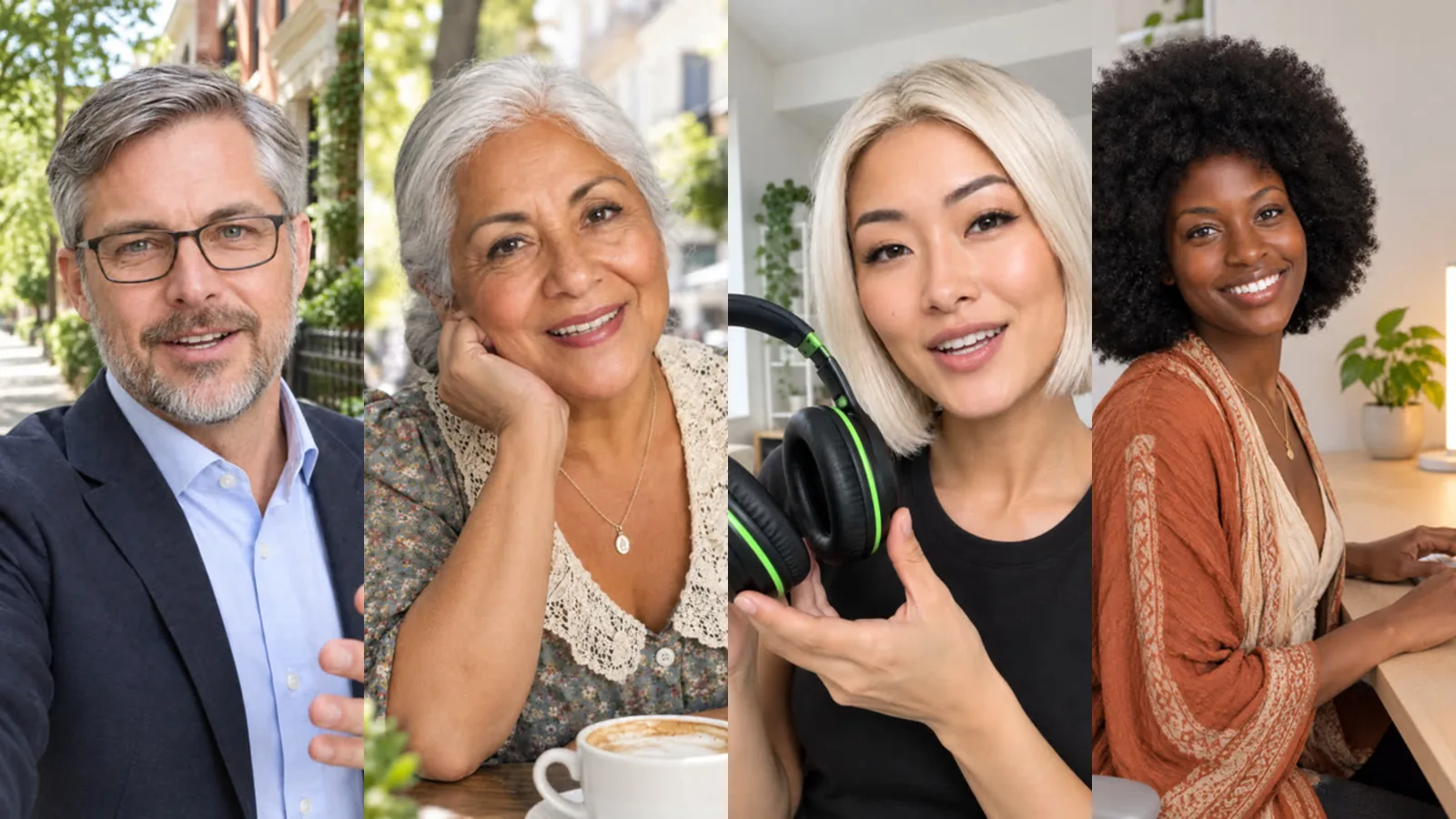 Four frames of a longer influencer video: a walk on a city street, a coffee chat, a product review and a desk setup
