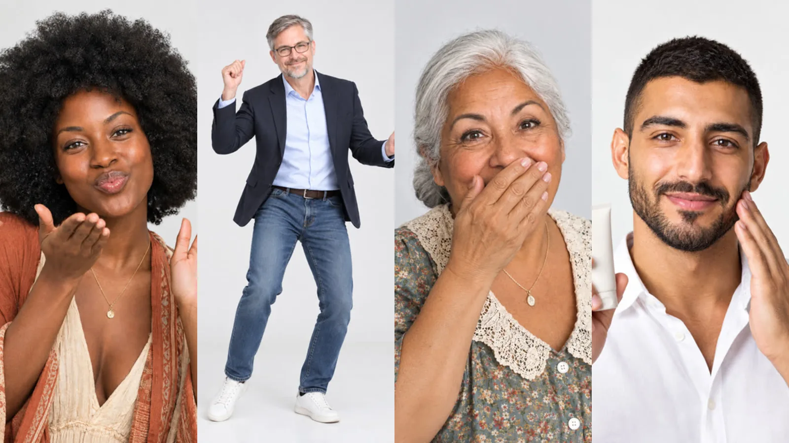 Quattro diversi personaggi influencer uno accanto all’altro: un cuore con le mani, un passo di danza, una reazione sorpresa e una transizione veloce