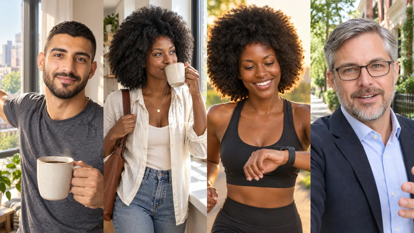 Vier Alltagsmomente einer Woche: ein Kaffee am Fenster, eine Morgenroutine, ein Lauf durch die Stadt und ein Spaziergang beim Sprechen