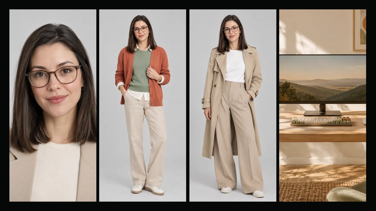 Portrait d’une femme à lunettes à côté de deux tenues et d’un bureau ensoleillé avec une plante et un écran