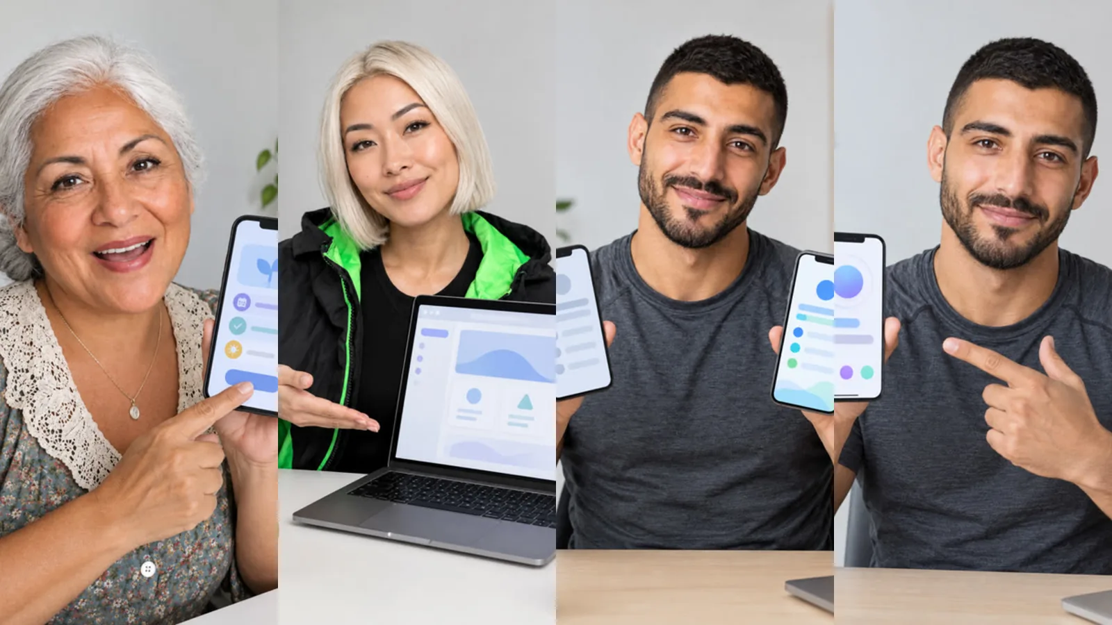 Vier Präsentatoren zeigen Bildschirme: eine App auf dem Handy, eine Website auf dem Laptop, zwei Handys nebeneinander und eine App-Demo