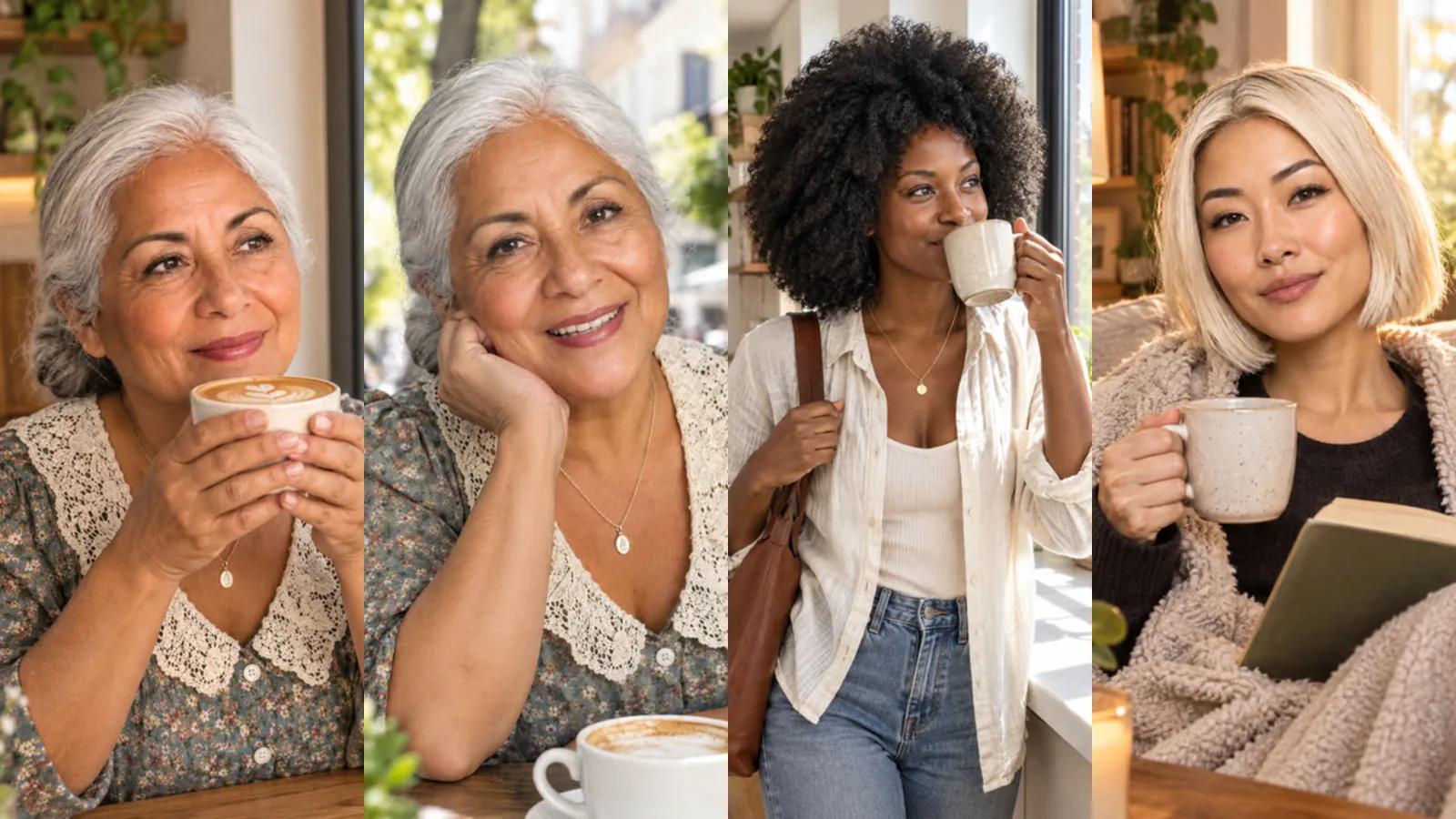 Four calm shots in matching warm light: coffee in a café, a chat with a cup, a morning routine and a cosy evening