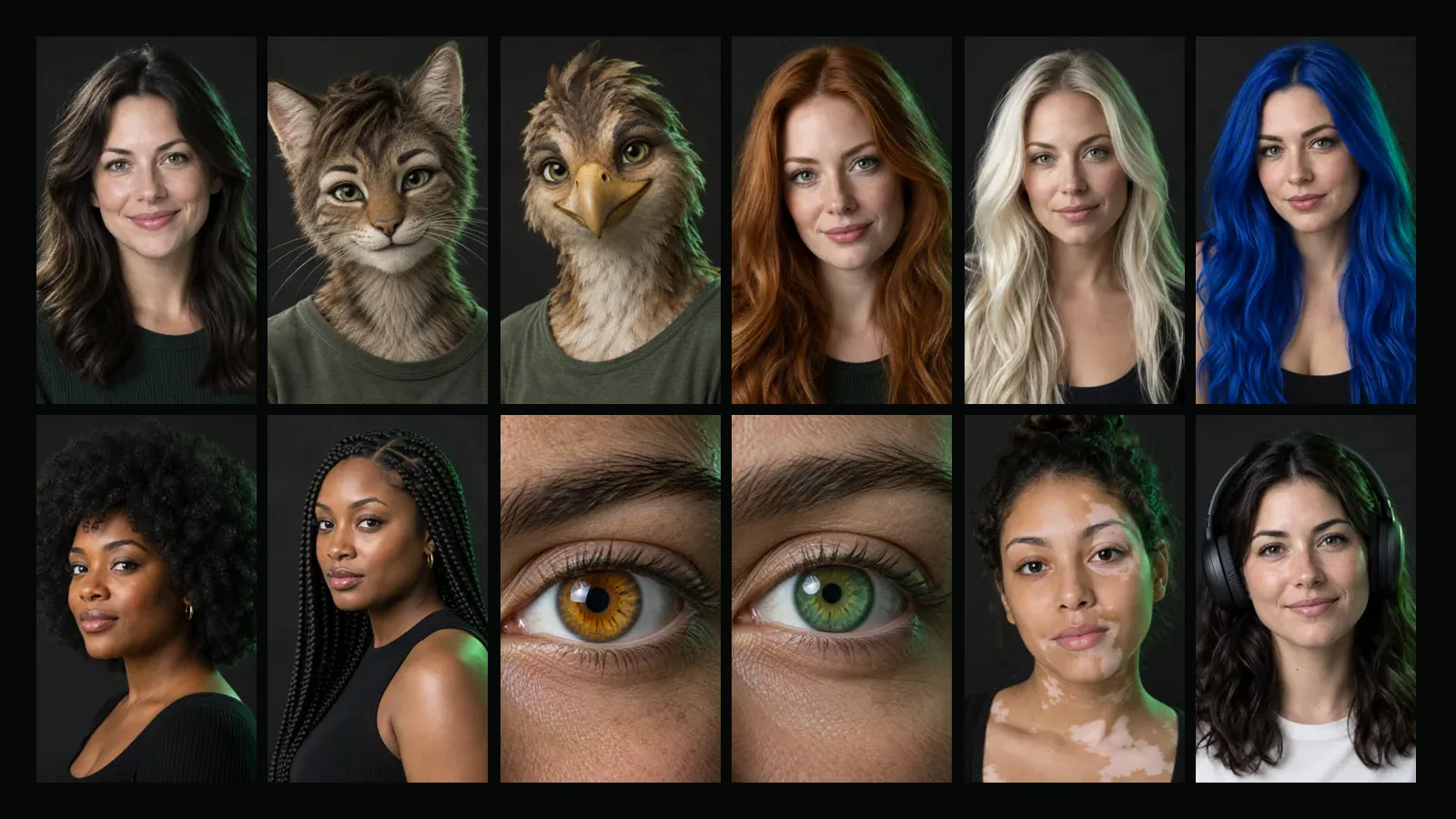 Twelve sample option portraits: humans, a cat and a bird character, hair colors, eyes, vitiligo and headphones
