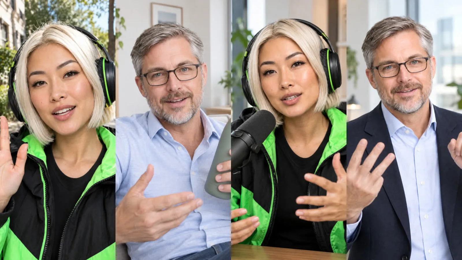 Four influencer characters talking to camera: a vlog greeting, a testimonial on a sofa, a podcast microphone and a business tip