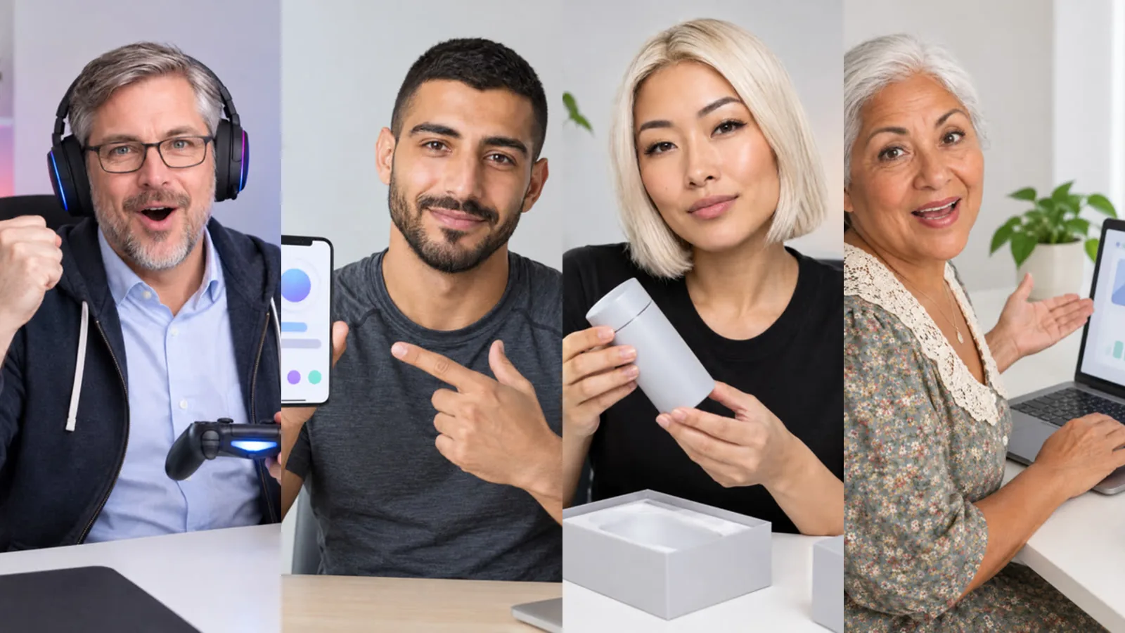 Quattro presentatori tech: una reazione di gaming con un controller, un’app su uno smartphone, l’unboxing di un gadget e uno strumento IA su un portatile
