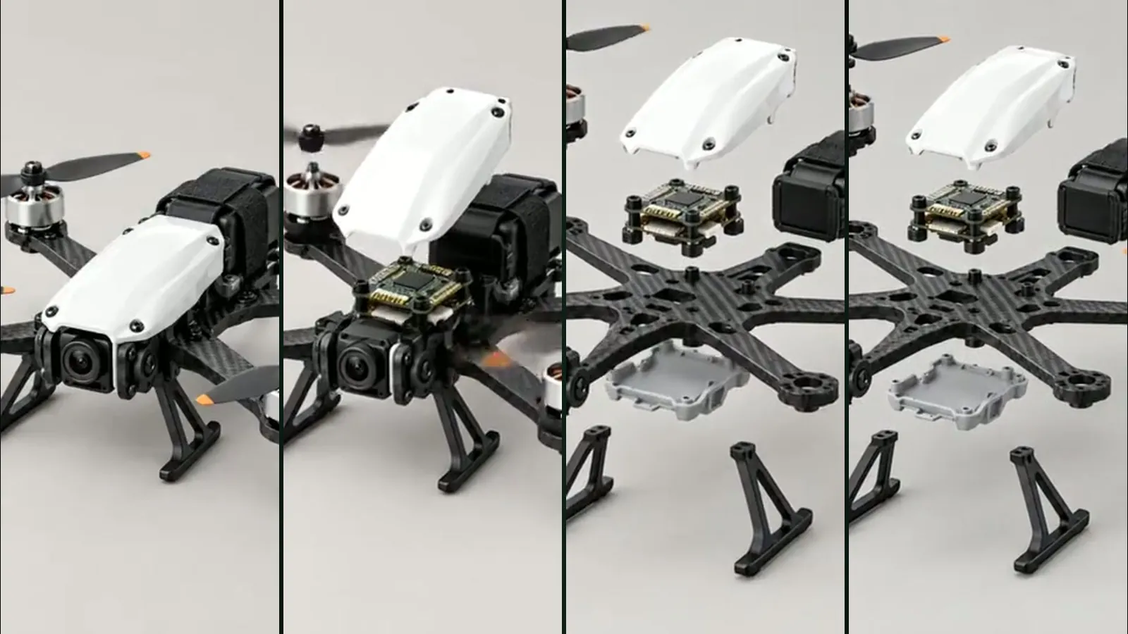 Four slices of the same drone, from fully assembled to taken apart
