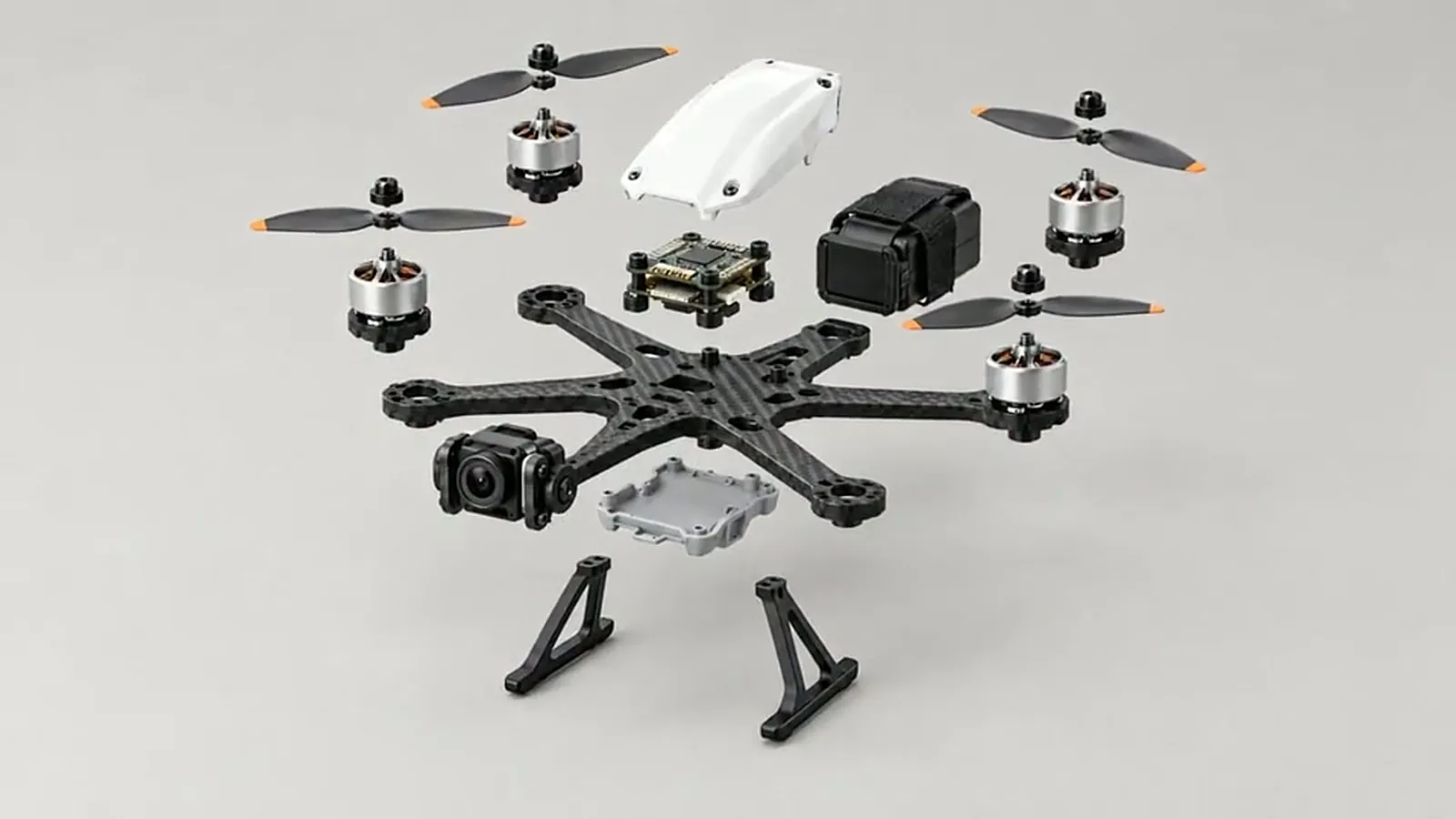 A white drone taken apart on a grey backdrop, with body, propellers, motors, camera and legs floating in the air