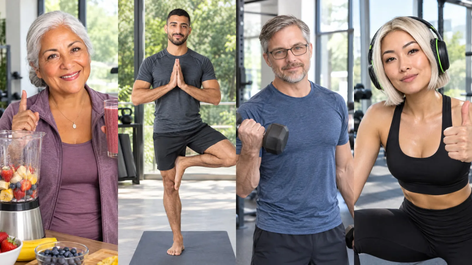 Four wellness routines through the week: a smoothie in the kitchen, a yoga balance, dumbbells at the gym and a thumbs-up in a fitness studio
