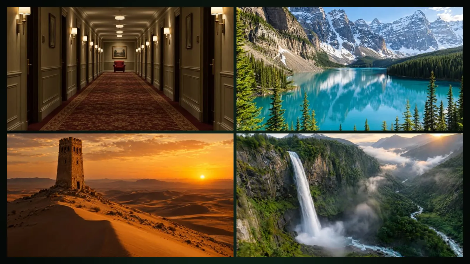 Four camera movement examples: a hotel corridor, a mountain lake, a desert tower and a waterfall in a misty valley
