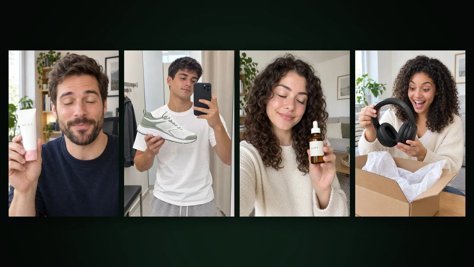 Vier Personen zeigen Produkte in die Kamera: Cremetube, Sneaker, Serumflasche und Kopfhörerkarton