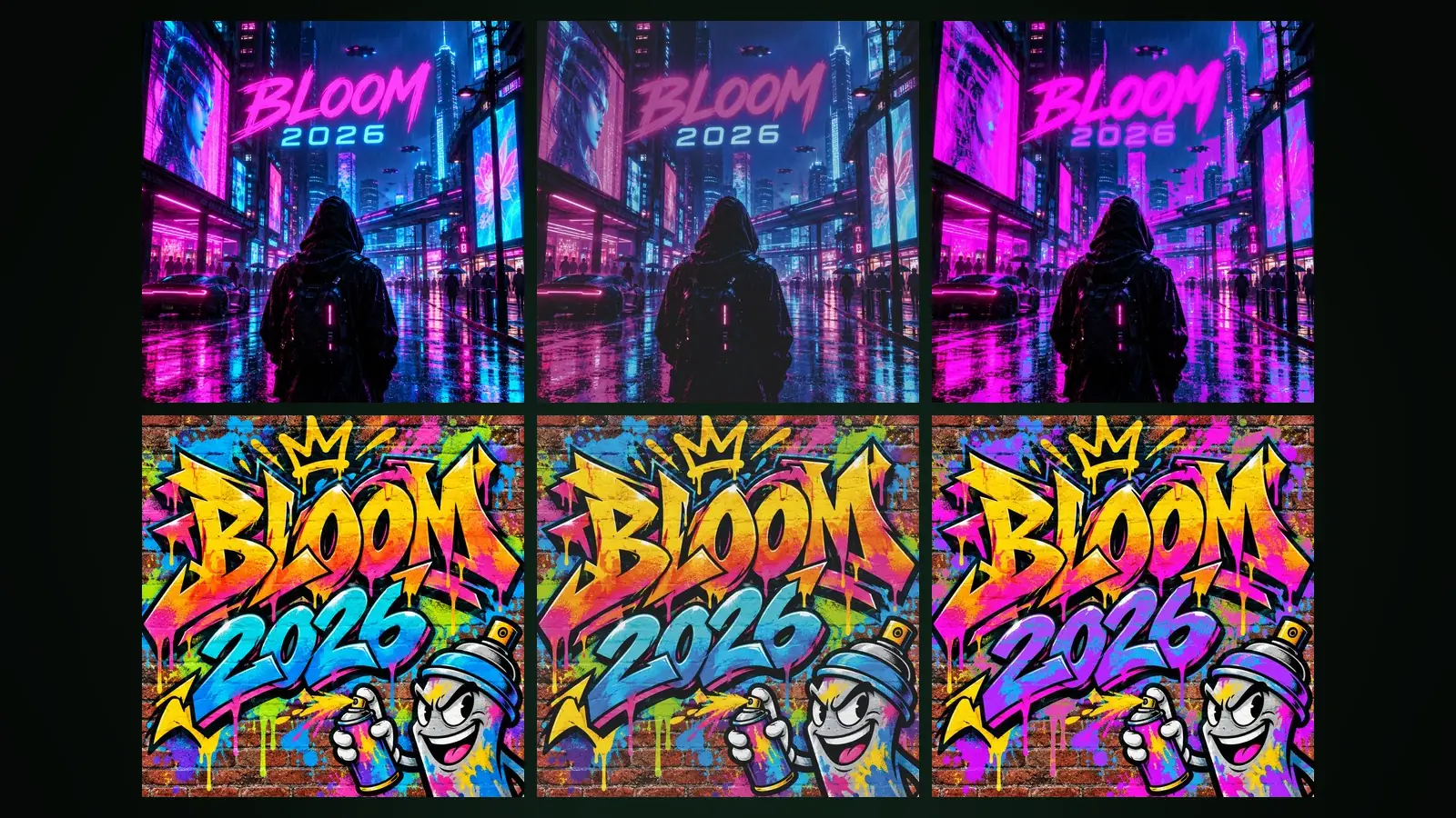 Neon and graffiti posters three ways: screen colour, CMYK print proof and a mask of colours print cannot reach