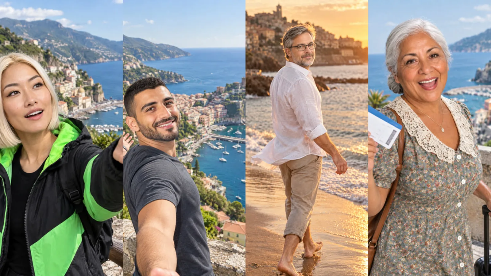 Vier Reiseaufnahmen am Meer mit zwei wiederkehrenden Präsentatoren: ein Aussichtspunkt an der Küste, ein Selfie über einem Hafen, ein Strand bei Sonnenuntergang und ein Hotelbalkon
