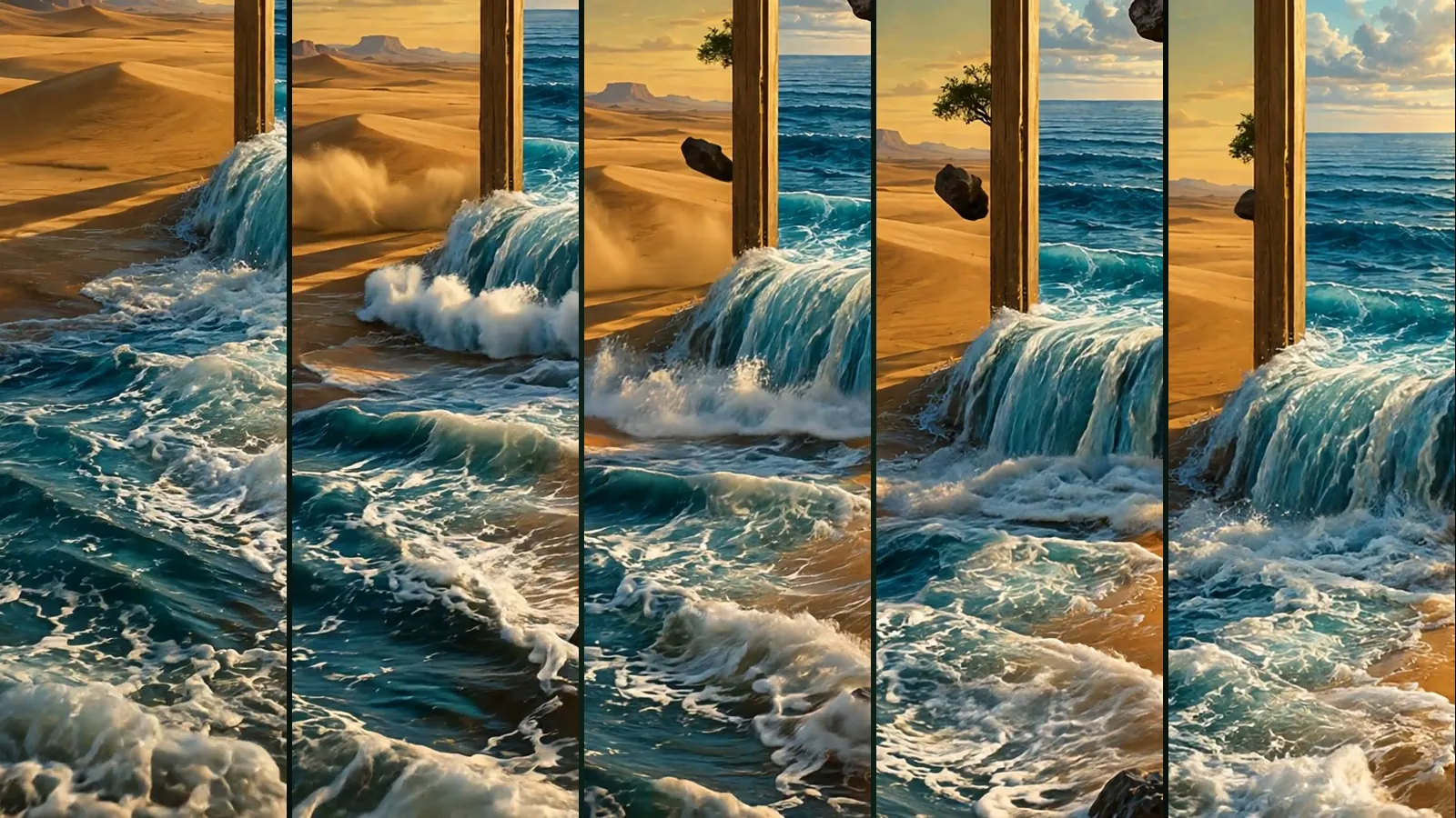 Sea waves pouring through a wooden doorframe in the desert, shown in five frames as the camera moves