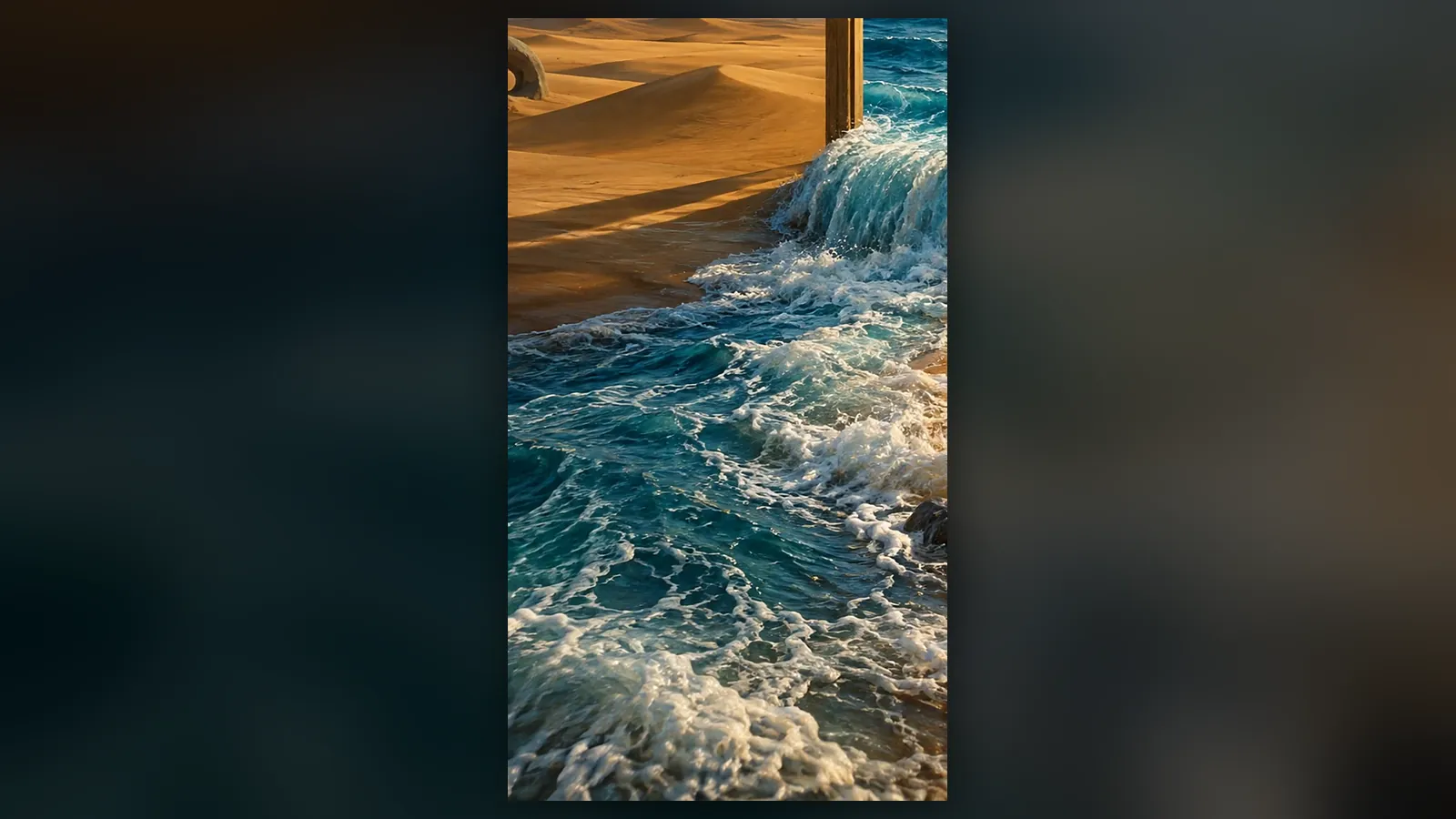 Foaming ocean waves spilling onto the sand through a wooden doorframe standing in the desert