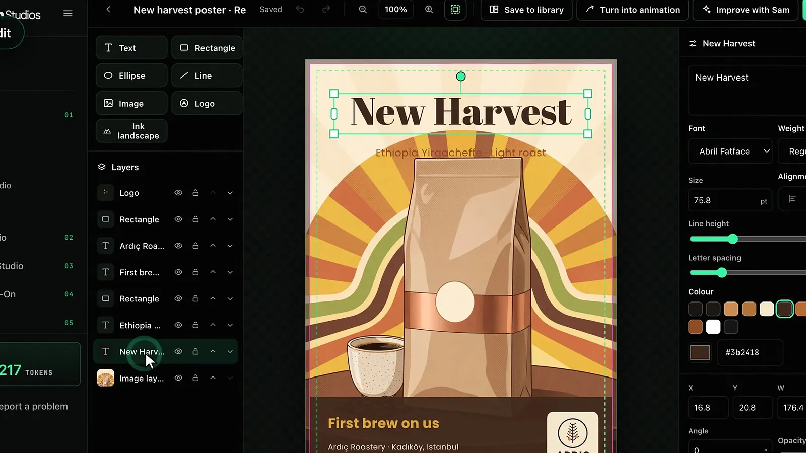 Póster de café en el editor de Design Studio: capas a la izquierda; fuente, tamaño y color a la derecha