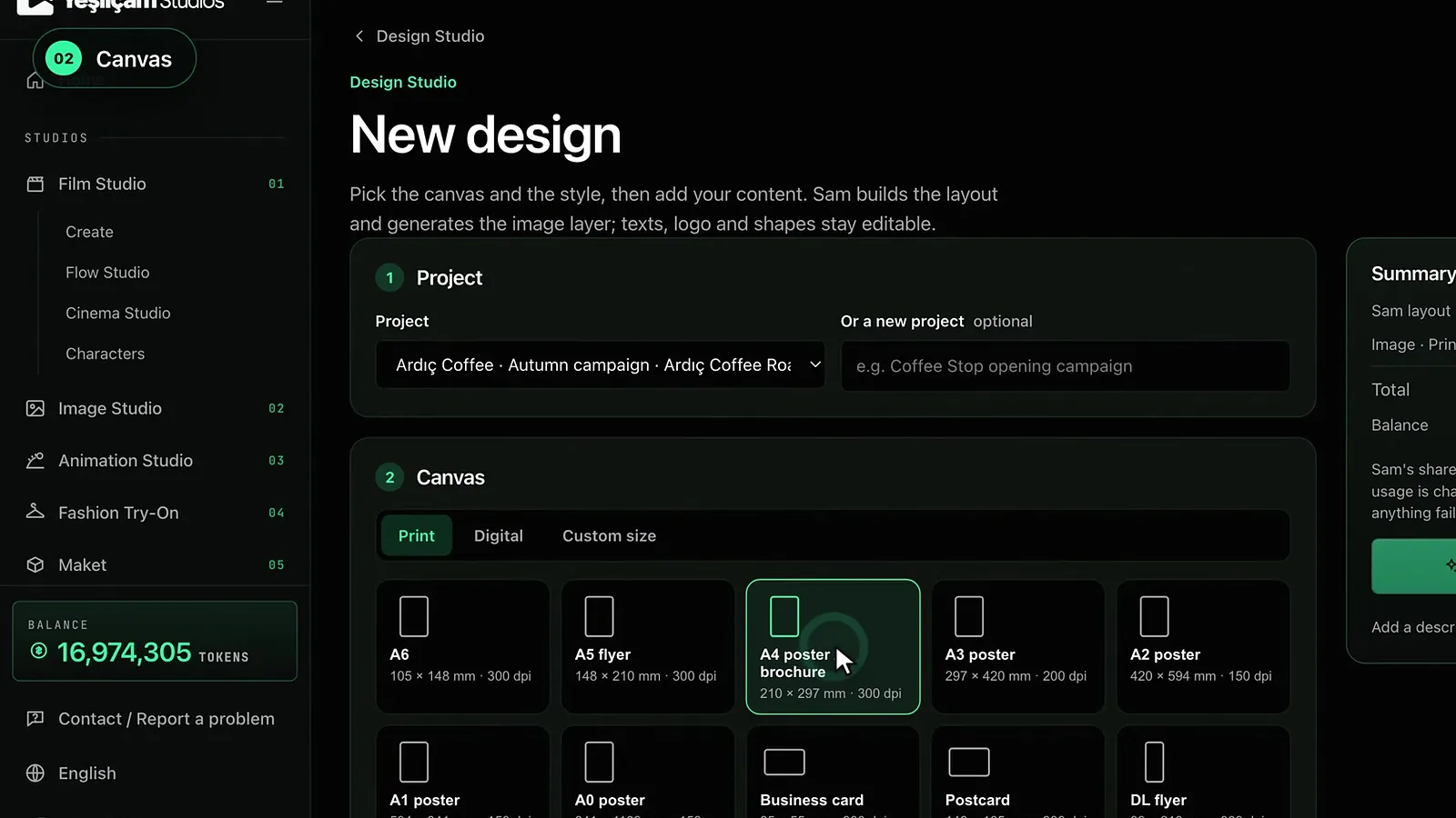 Design Studio'da yeni tasarım ekranı: proje seçimi ve A4 poster, el ilanı, kartvizit gibi tuval boyutları