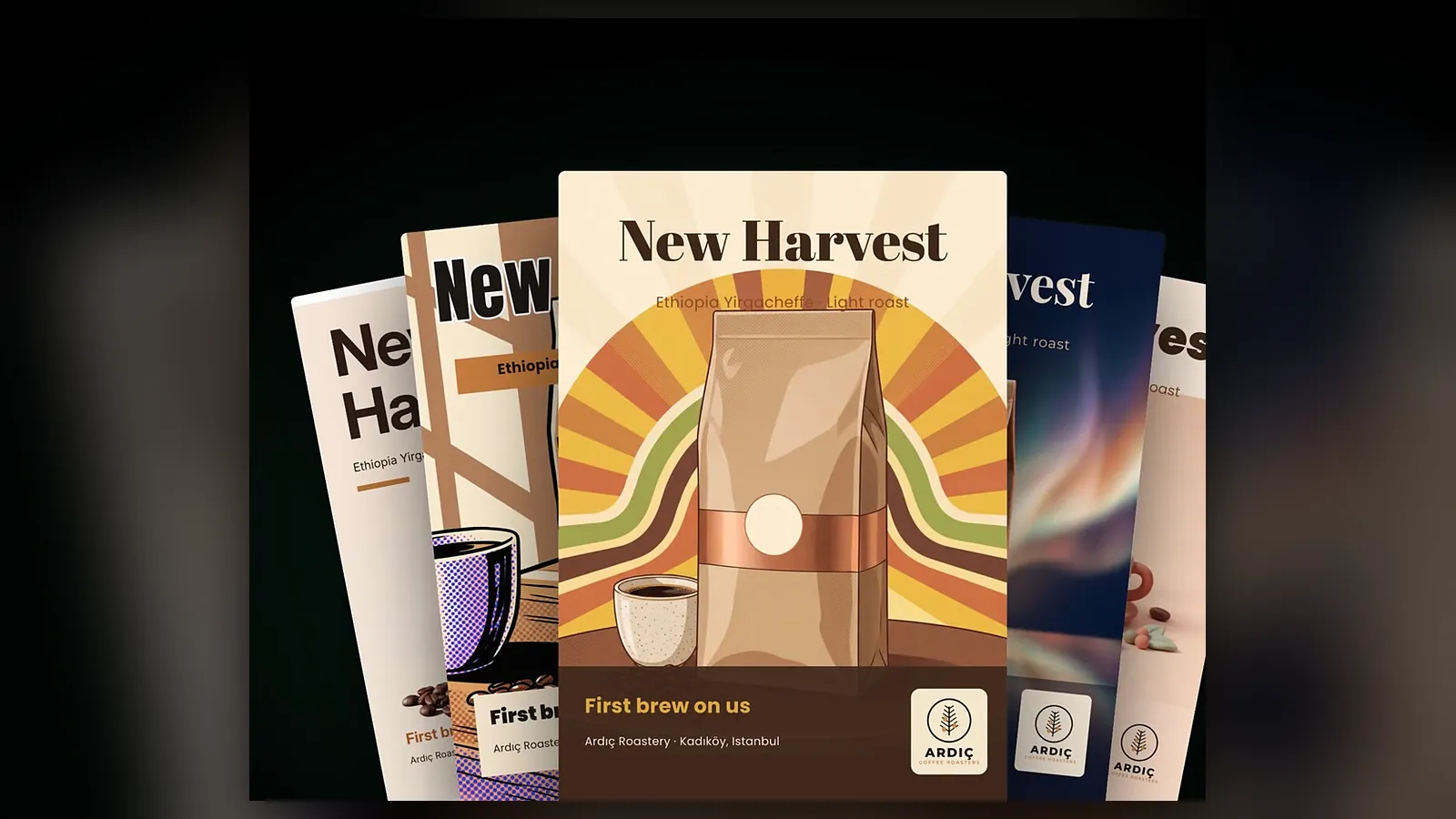 A fan of coffee posters: a retro sunburst design in the centre with versions in other styles around it