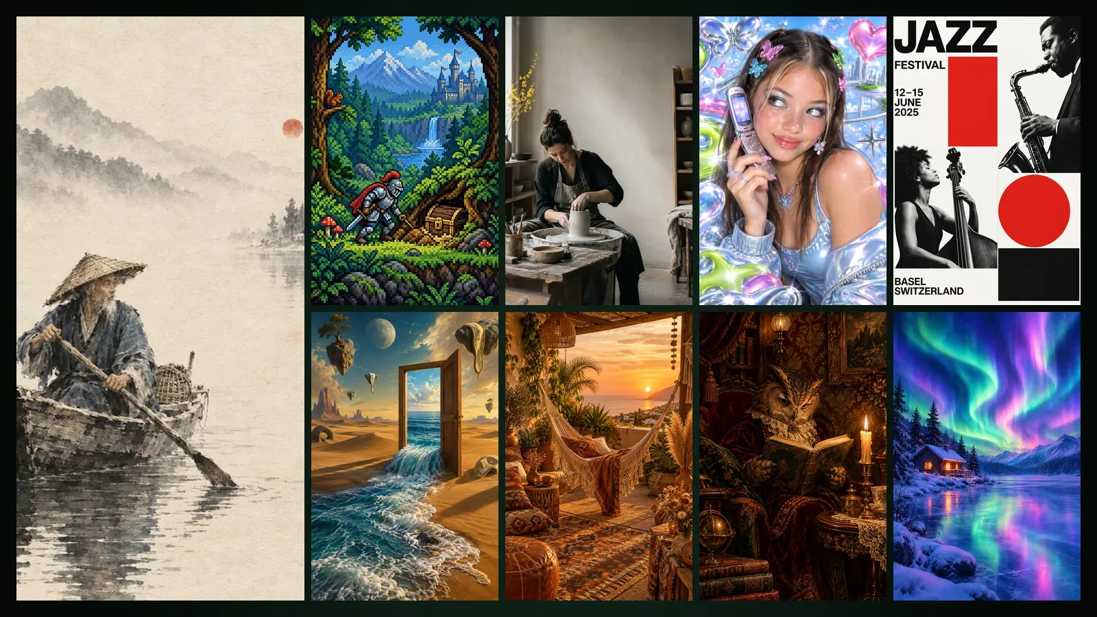 A boatman in ink-wash style beside pixel, editorial, Y2K, Swiss, surreal, bohemian, Victorian and aurora samples