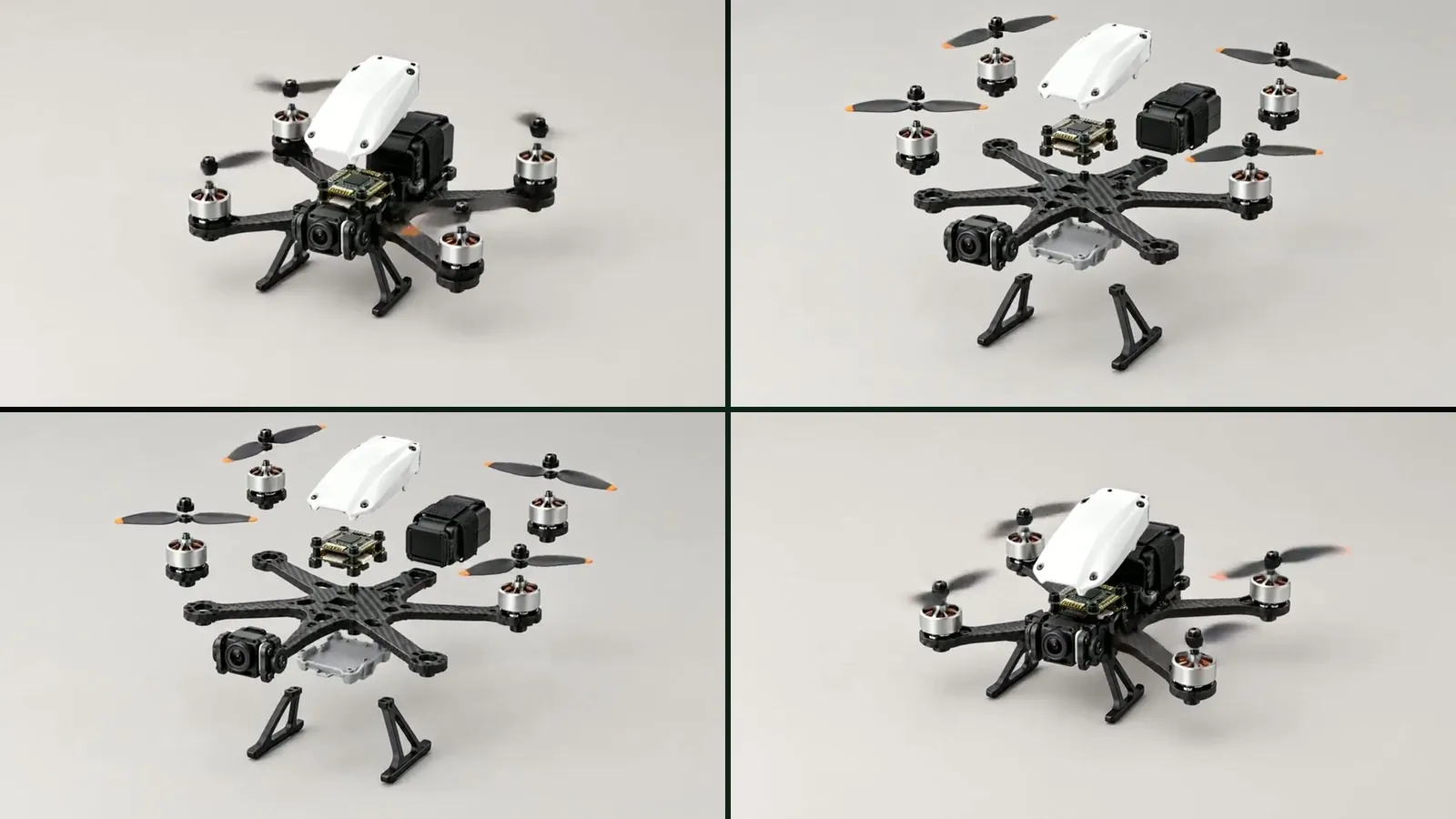 Un drone qui se démonte en quatre étapes : bras, moteurs, caméra et coque se séparent peu à peu