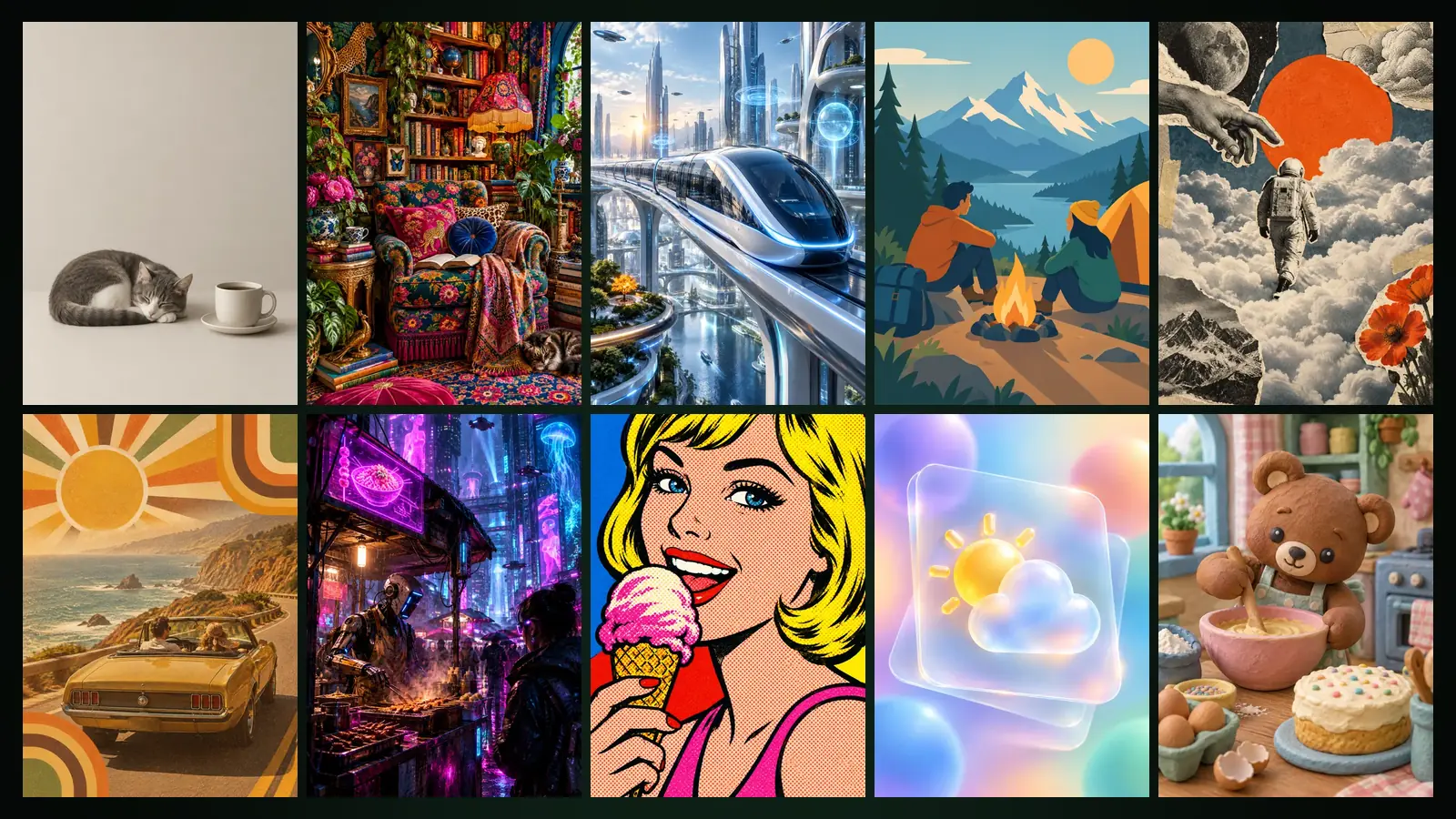Zehn Designstile nebeneinander: Minimalismus, Maximalismus, Futurismus, Vektor, Collage, Retro, Cyberpunk, Pop-Art, Ton