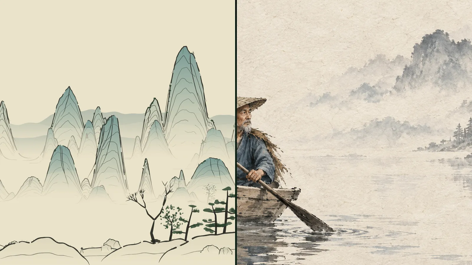 Blue-green ink mountains on the left and a fisherman in a straw hat rowing on a misty lake on the right