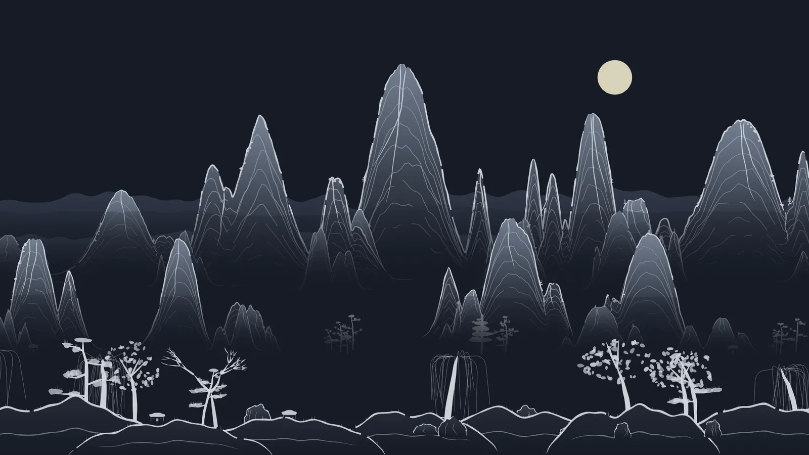 Ink mountain landscape in night blue: sharp peaks, a full moon and white-lined trees in the foreground