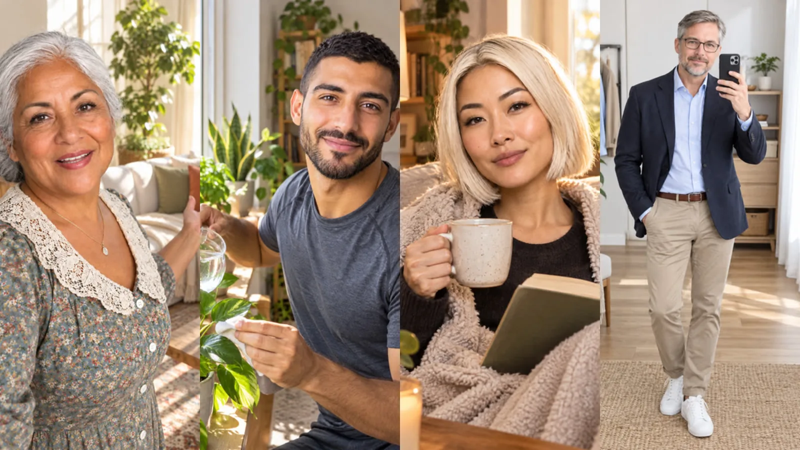 Four quiet home scenes: a living room tour, watering plants, a cosy evening with a book and a mirror selfie
